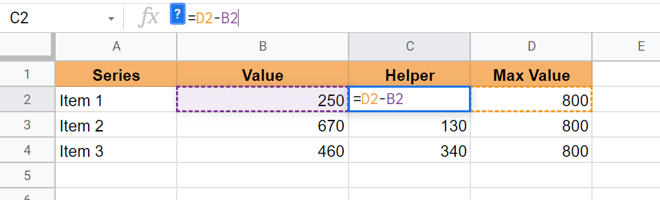 Compute for helper column needed for Radial Bar Chart in Google Sheets
