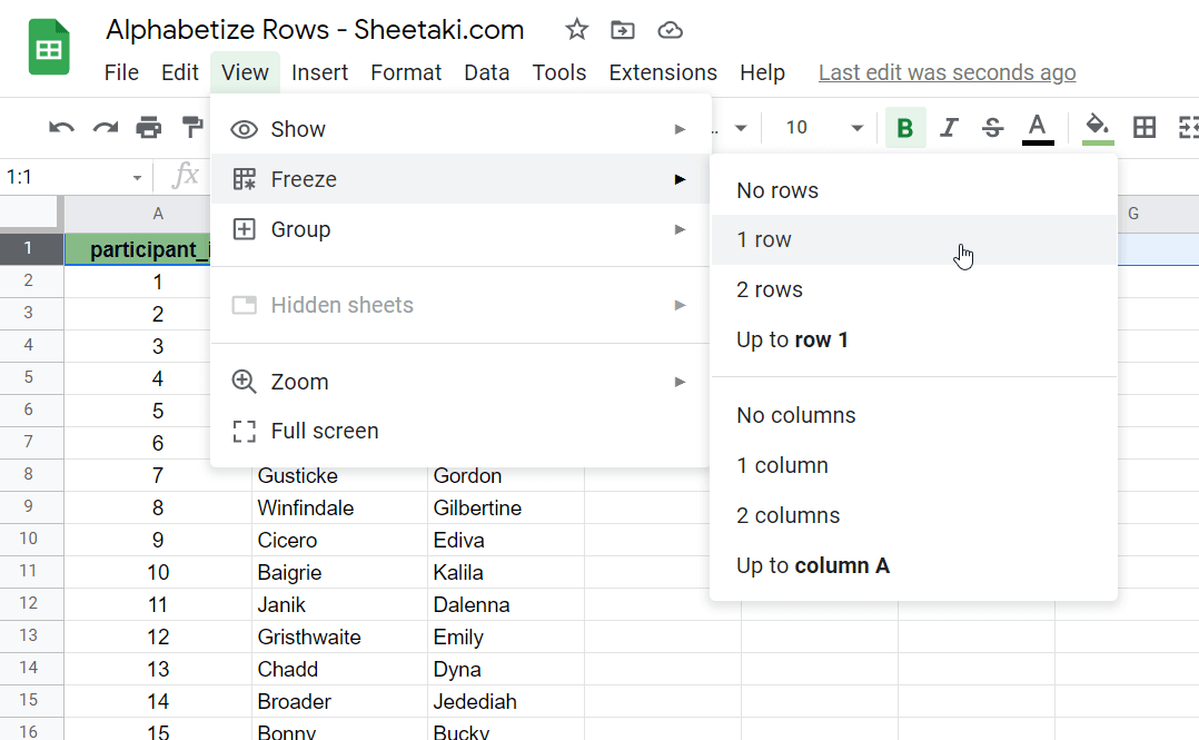 freeze a column header when alphabetize in google sheets