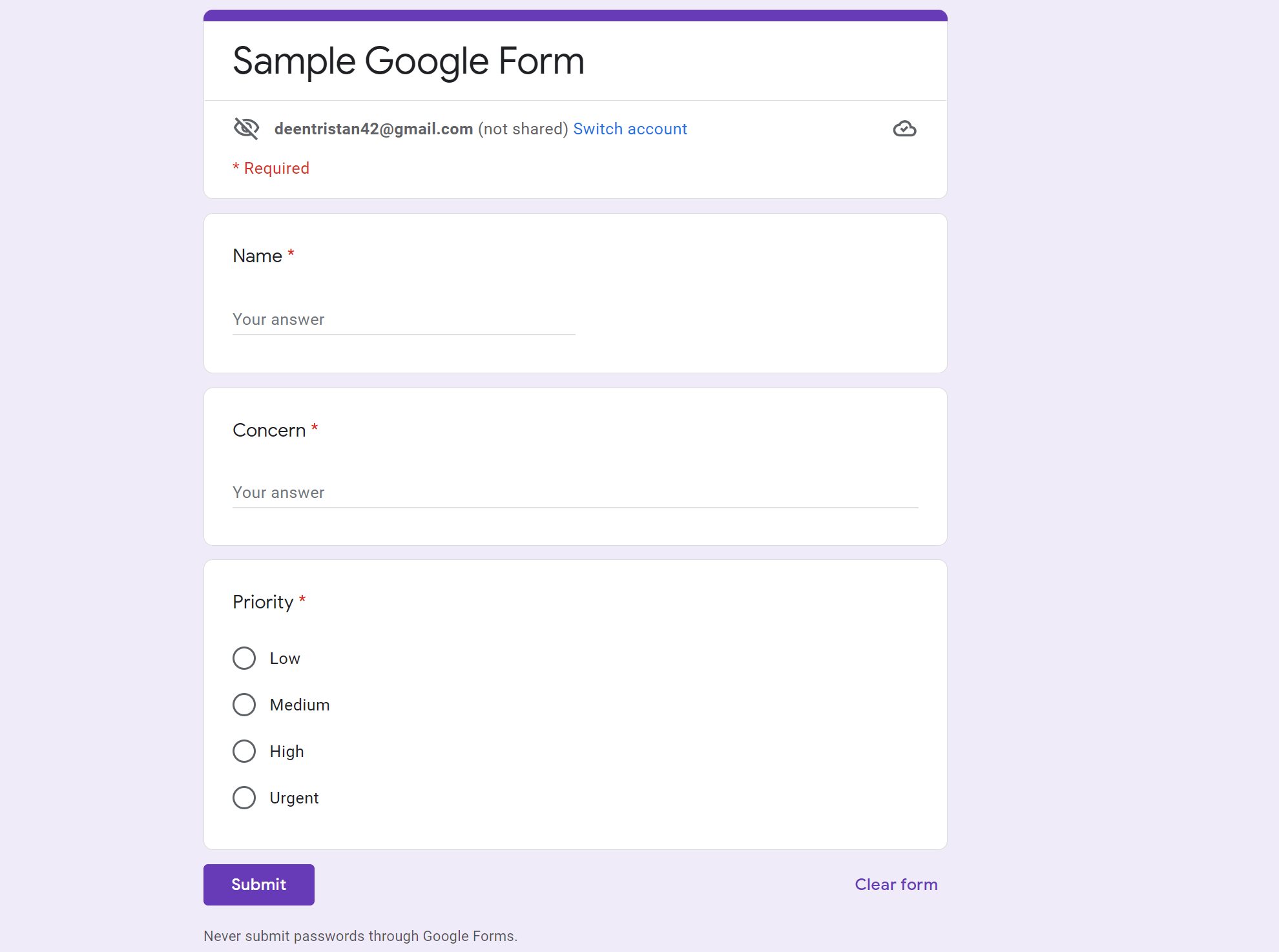 Creating a sample Google Form