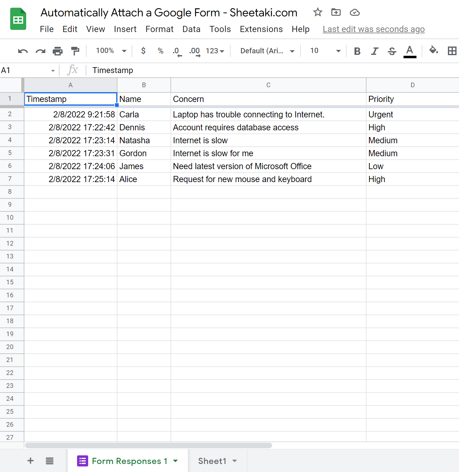 example of Automatically Attaching Google Forms in Google Sheets