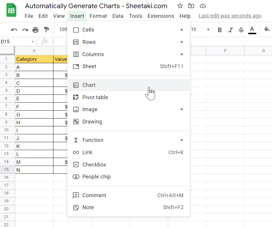 To automatically generate charts, select the Chart option in the Insert menu