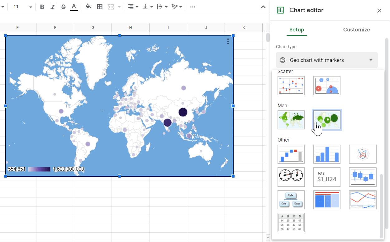 geographical map chart in google sheets with markers