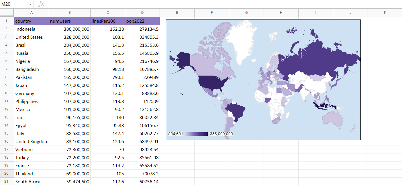 example of a geographical map chart in google sheets