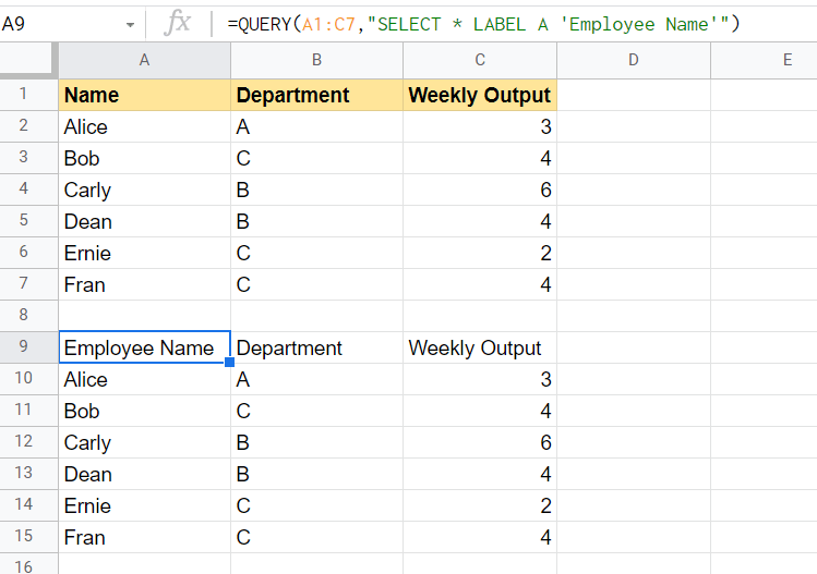 Type in the query text with the label clause in google sheets