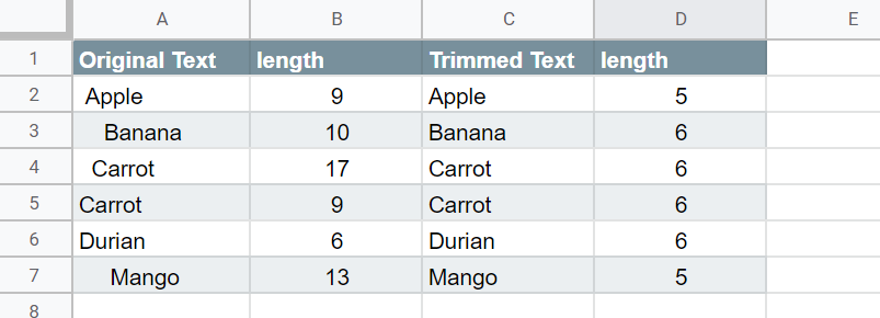 Using the TRIM function to Remove Trailing and Leading Spaces in Google Sheets