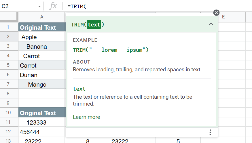 Type TRIM into the formula bar to start Removing Trailing and Leading Spaces in Google Sheets