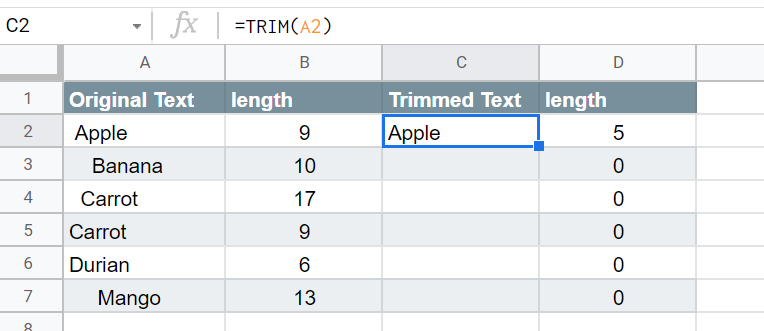 Length should now be shorter when we Remove Trailing and Leading Spaces in Google Sheets