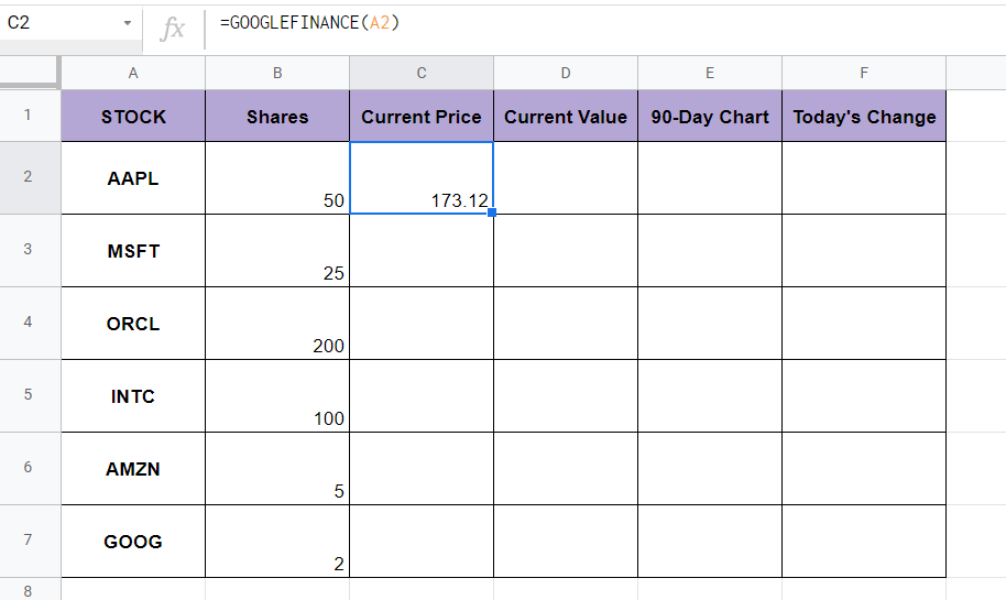 current price is needed to track stocks in google sheets
