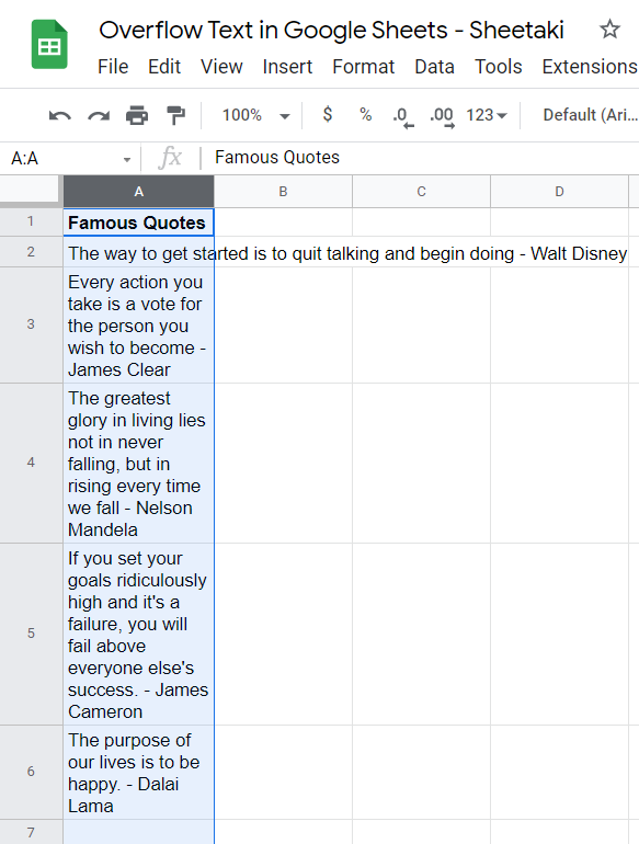 Overflow text in Google Sheets