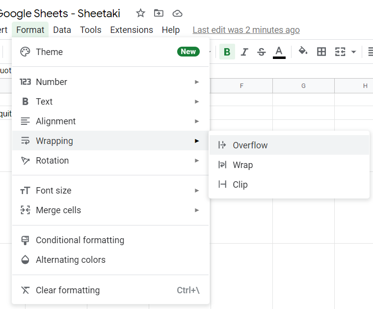 Overflow text in Google Sheets