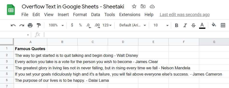 Overflow text in Google Sheets