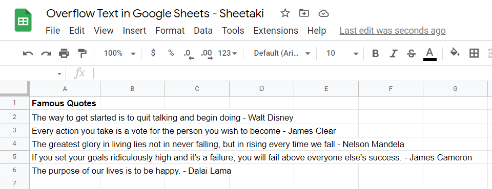 A spreadsheet with overflowing text