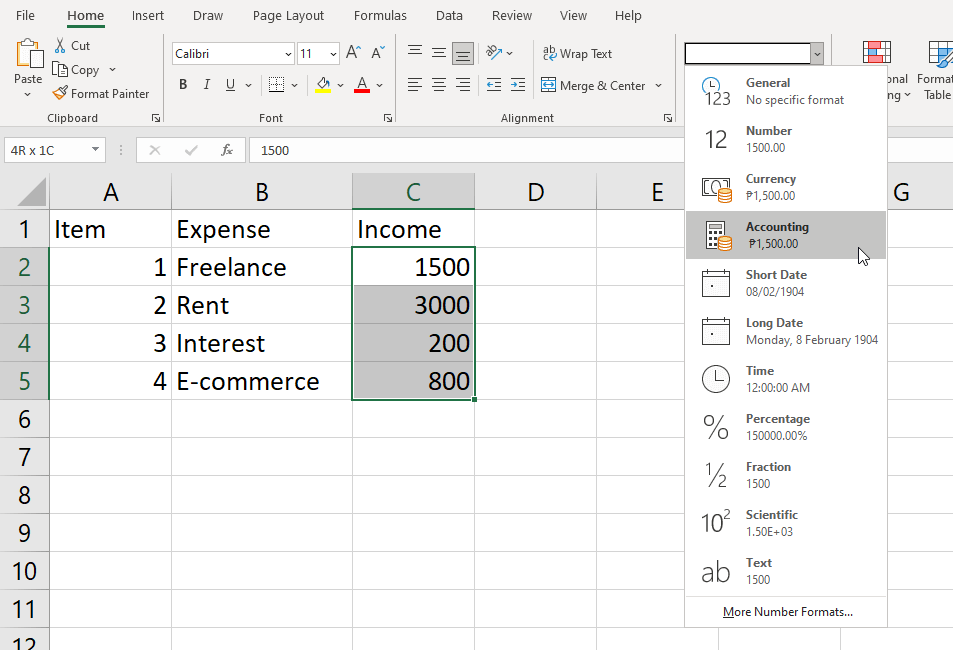 drop down menu with different formatting options
