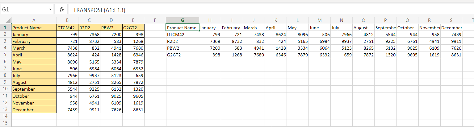 result of using TRANSPOSE function to convert multiple rows to columns and rows in Excel