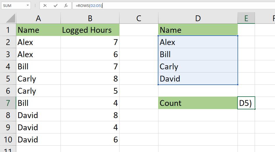 count unique values in Excel with the ROWS function