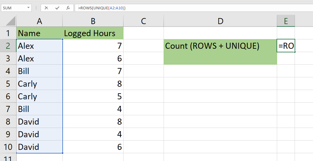 use ROWS and UNIQUE to count unique values 