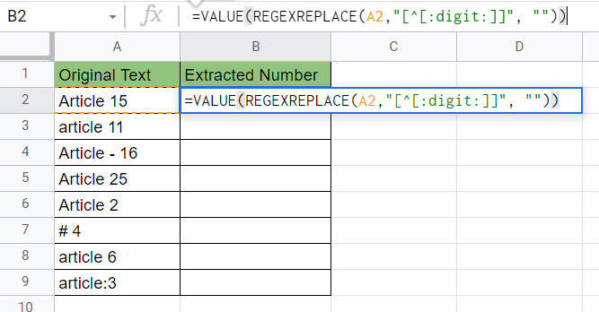 Using REGEXREPLACE and VALUE to extract numbers from string google sheets