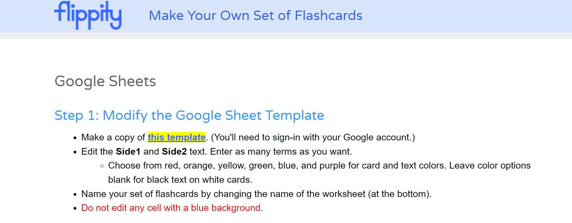 Read instructions on how to create flashcards on the Flippity website
