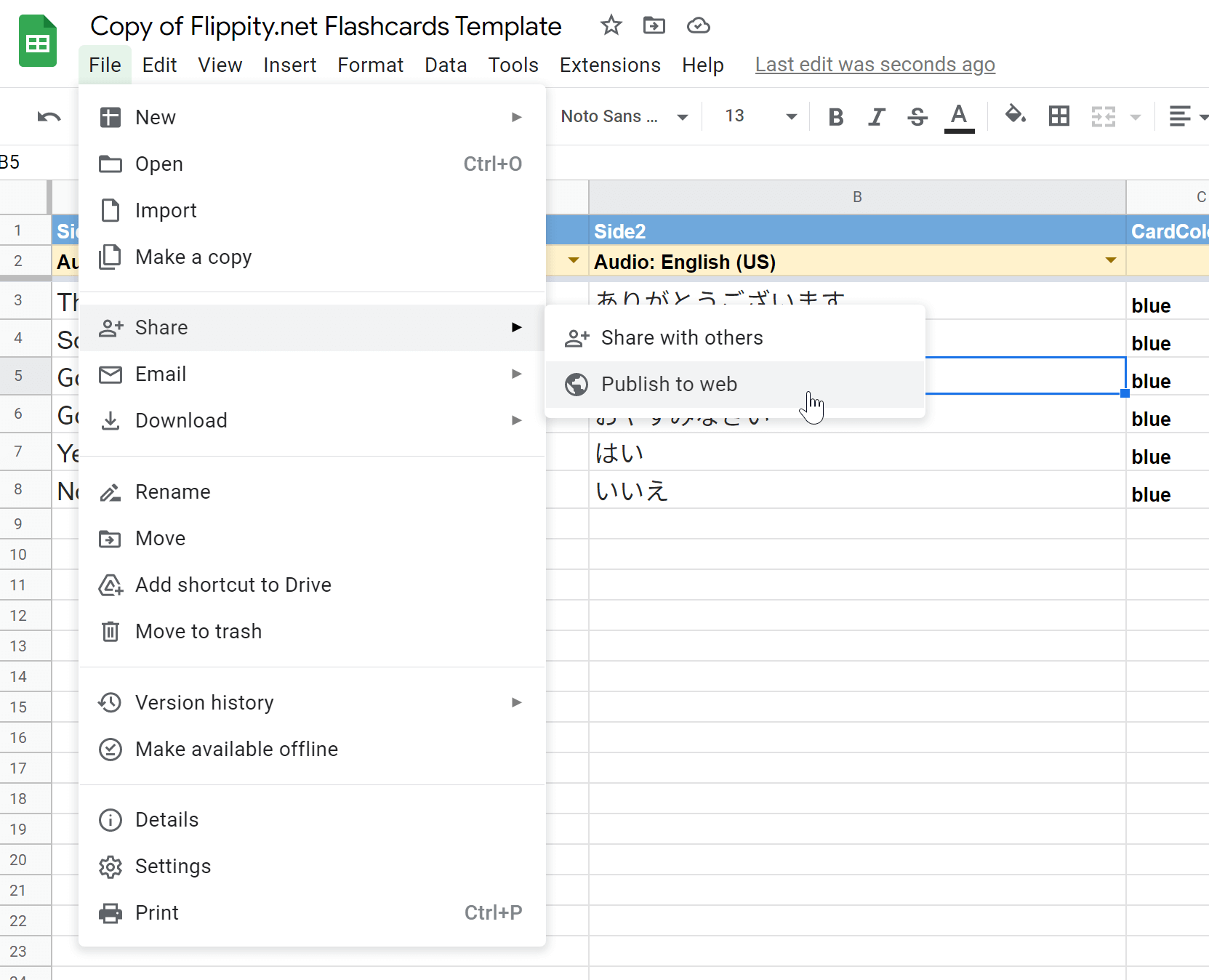 to Create flashcards in Google Sheets, you must publish the template copy