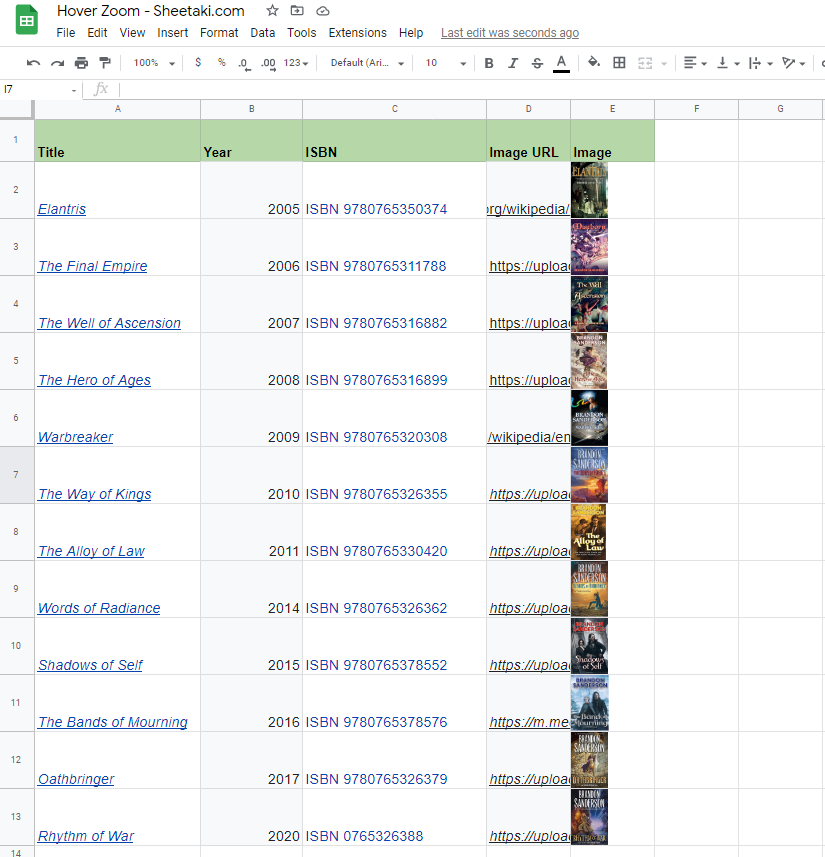 A list of books with URLs pointint to an image of their book covers