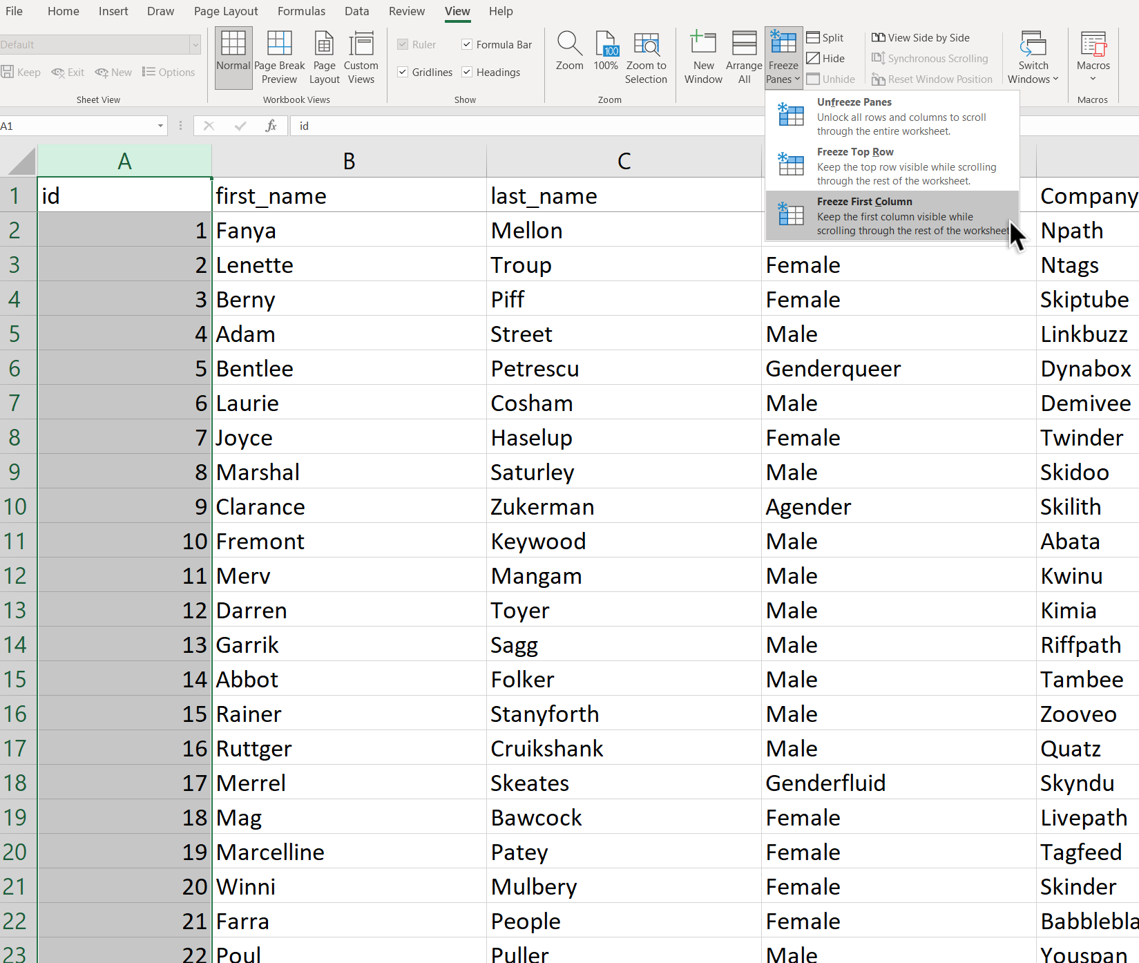 freeze panes in Excel to freeze the first column for navigation