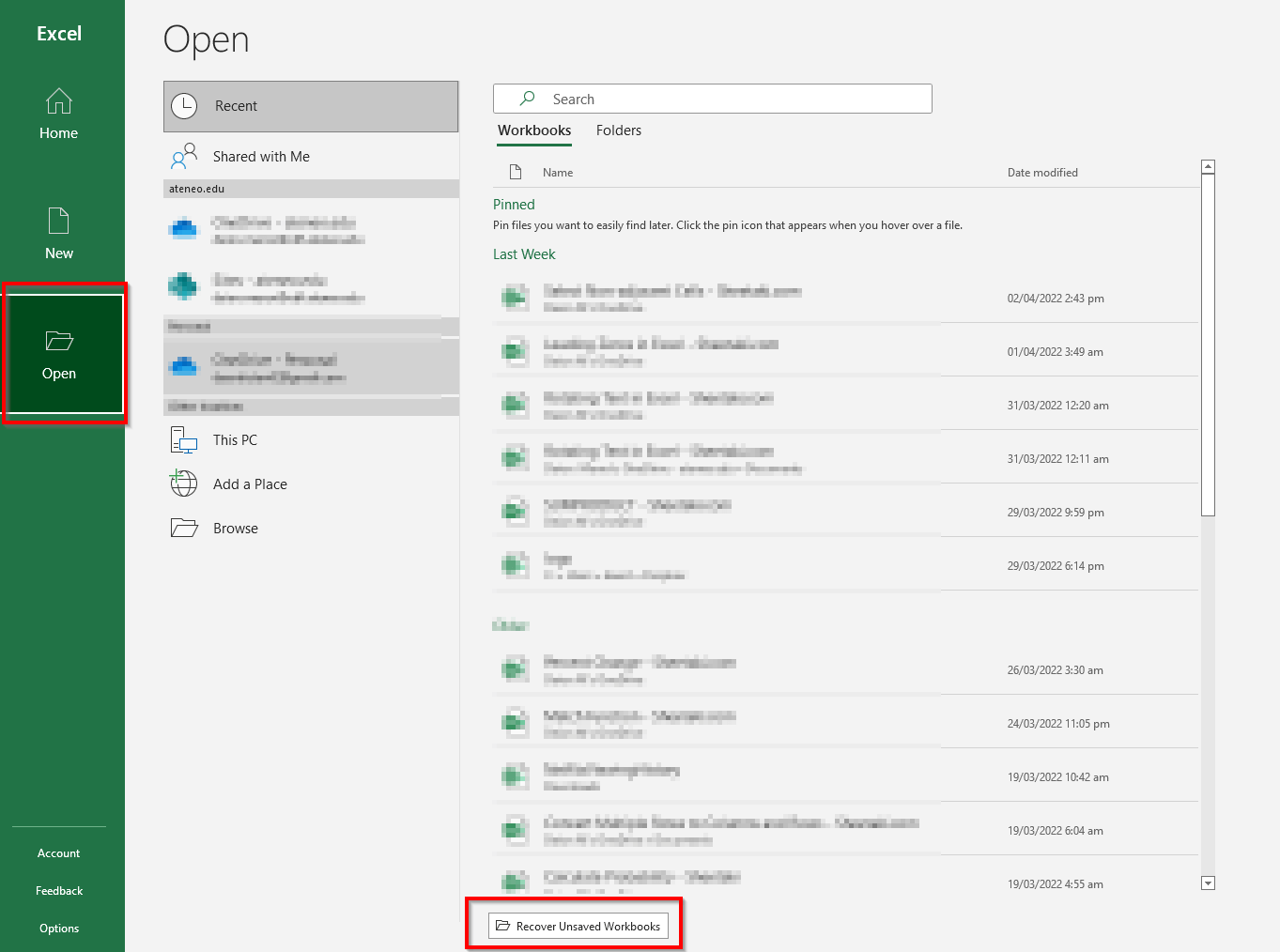 Recover Unsaved Worksheets option