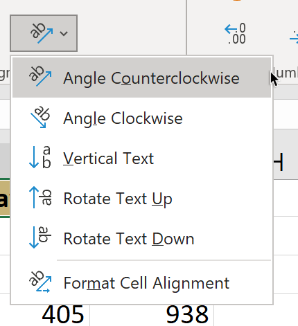 various preset orientations to rotate text in Excel