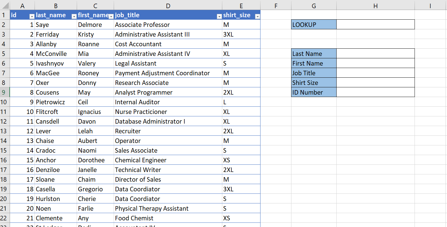 set up tables for lookup template