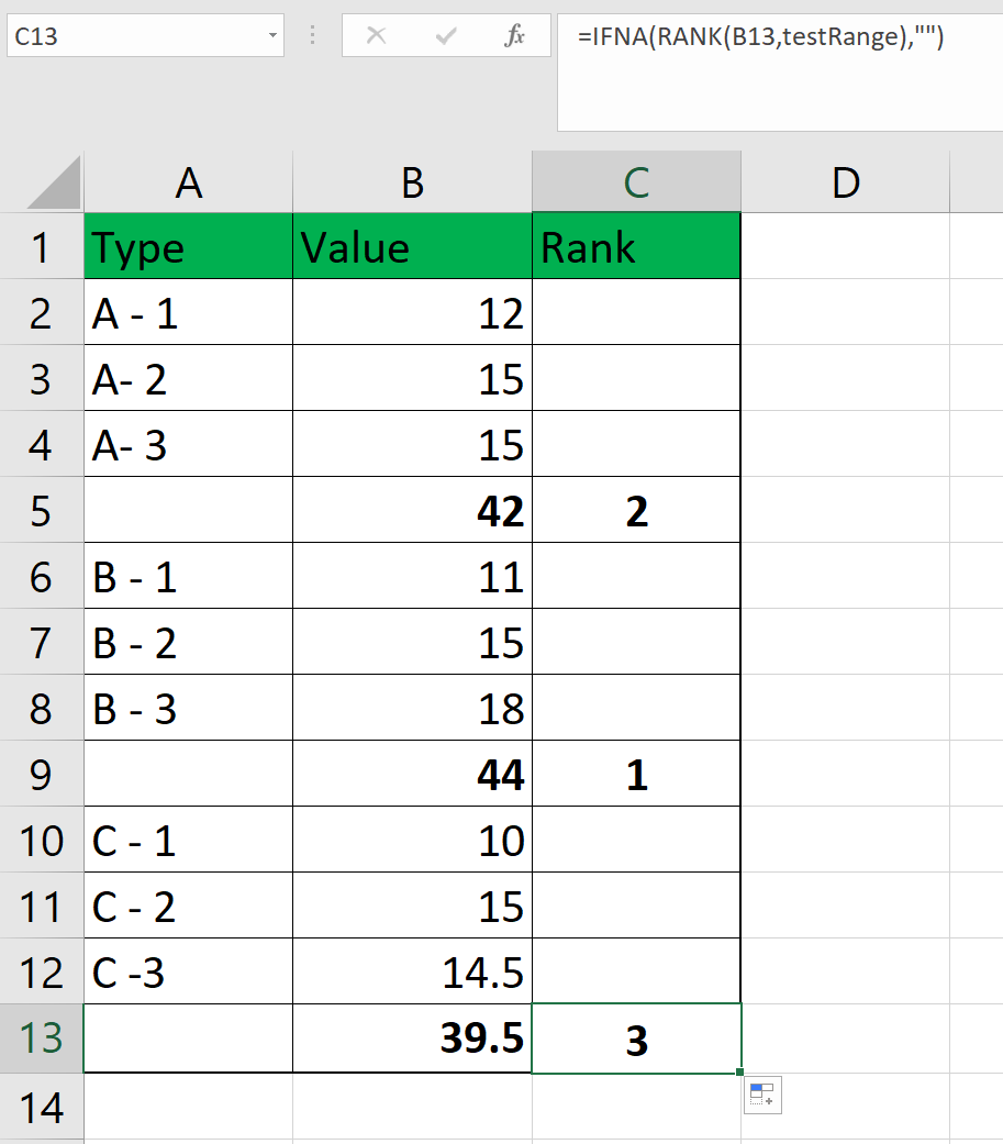 rank non-continuous range in Excel example