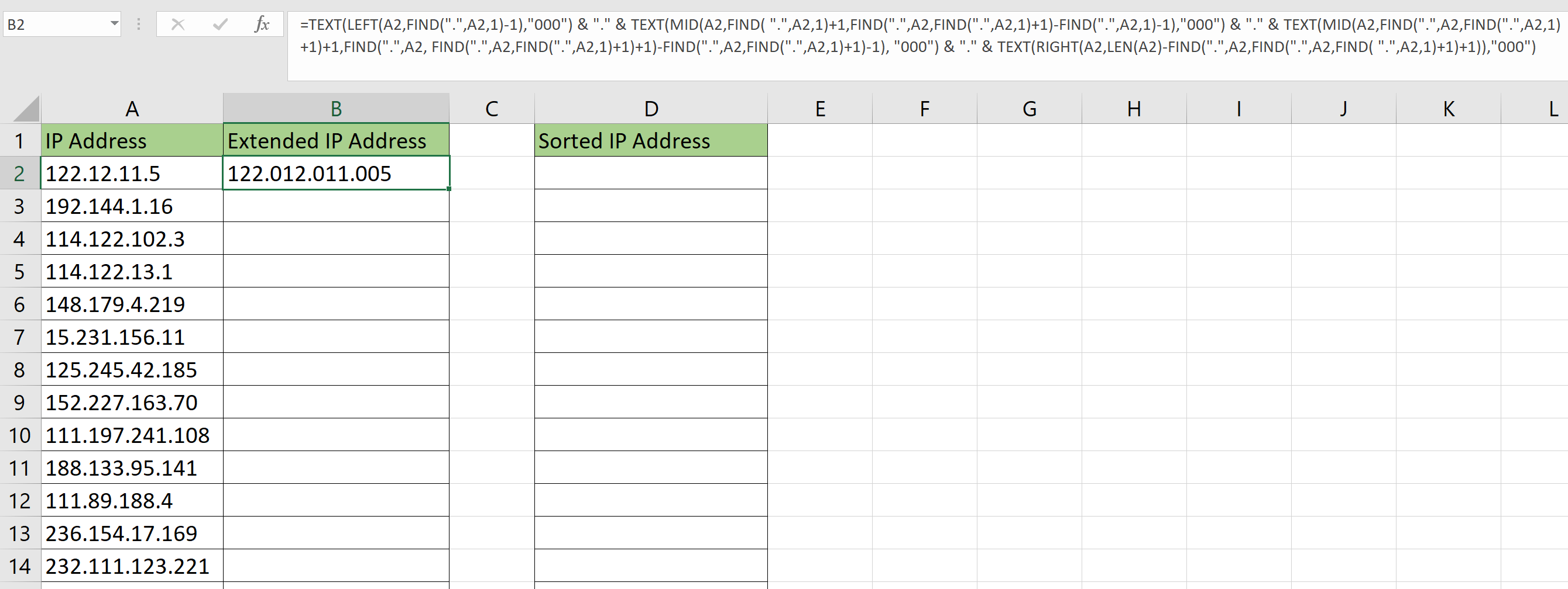 sort IP address in Excel by padding ip address