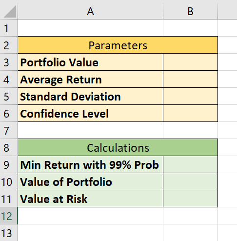 parameters and calculations for value at risk template in Excel